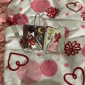 Chic Silver Cat Earrings with Pink and Yellow Details